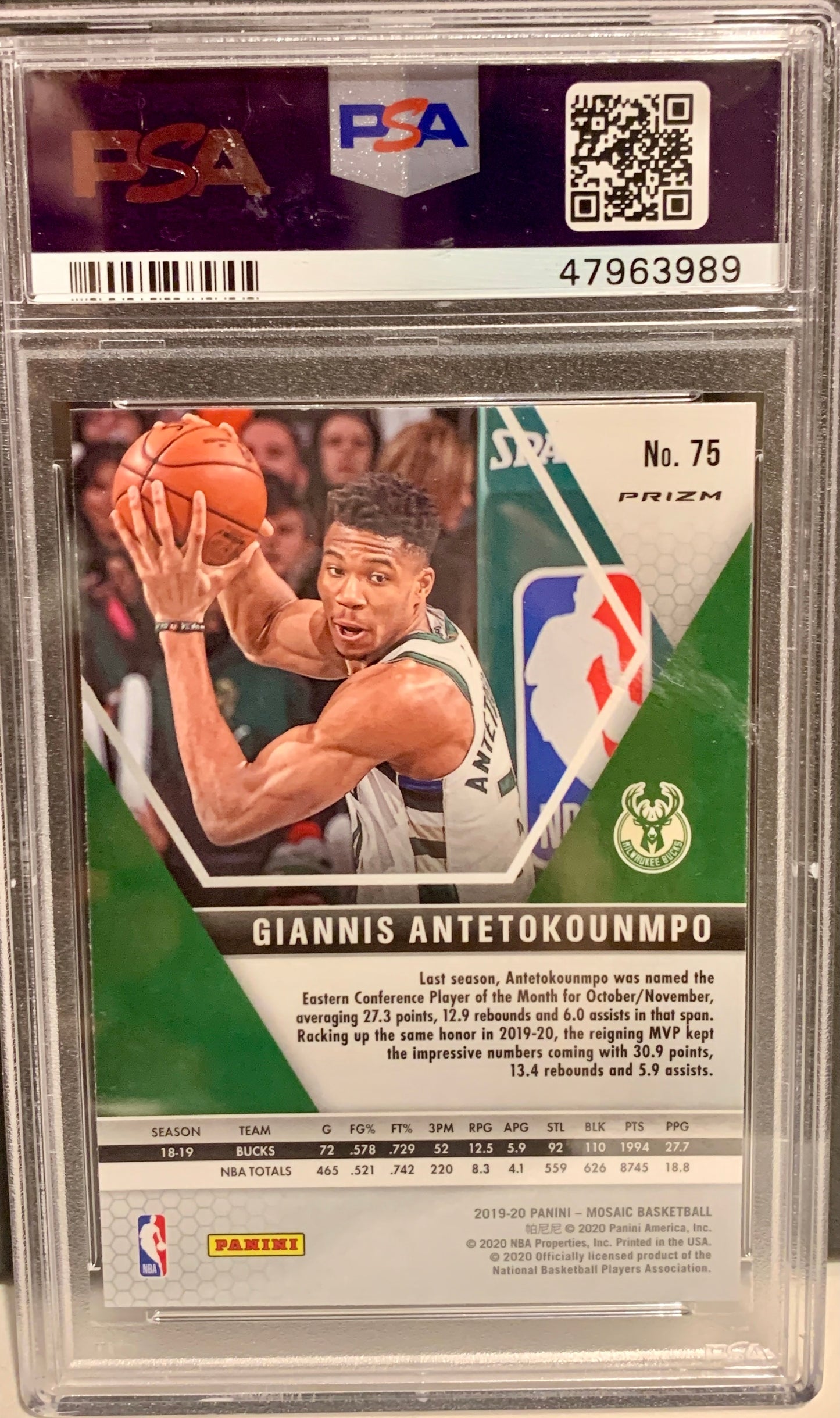 2019 PANINI MOSAIC GIANNIS ANTETOKOUNMPO #75 REACTIVE BLUE GEM MINT 10