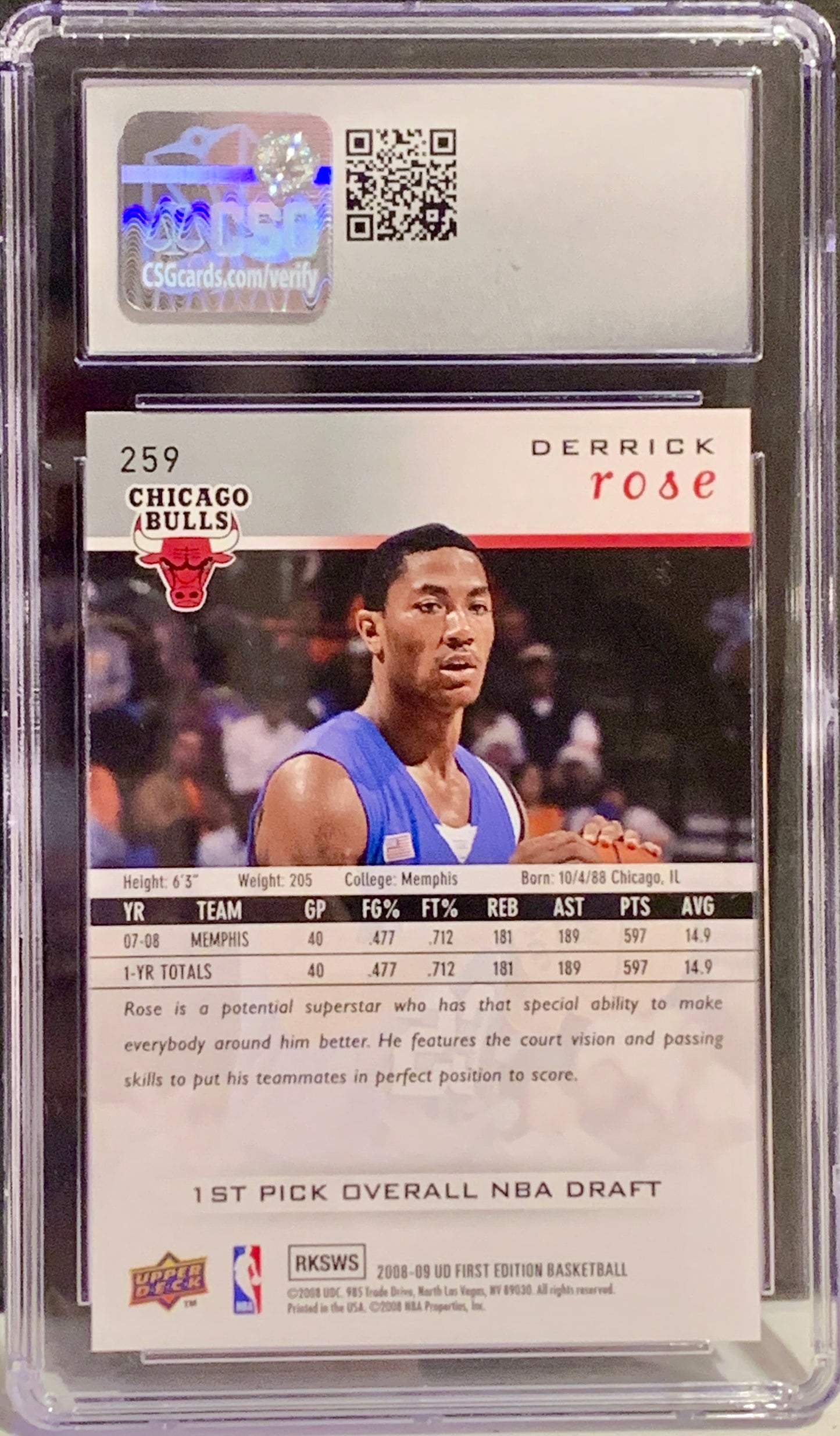 2008-09 UPPER DECK FIRST EDITION DERRICK ROSE #259 CSG 9.5 MINT PLUS