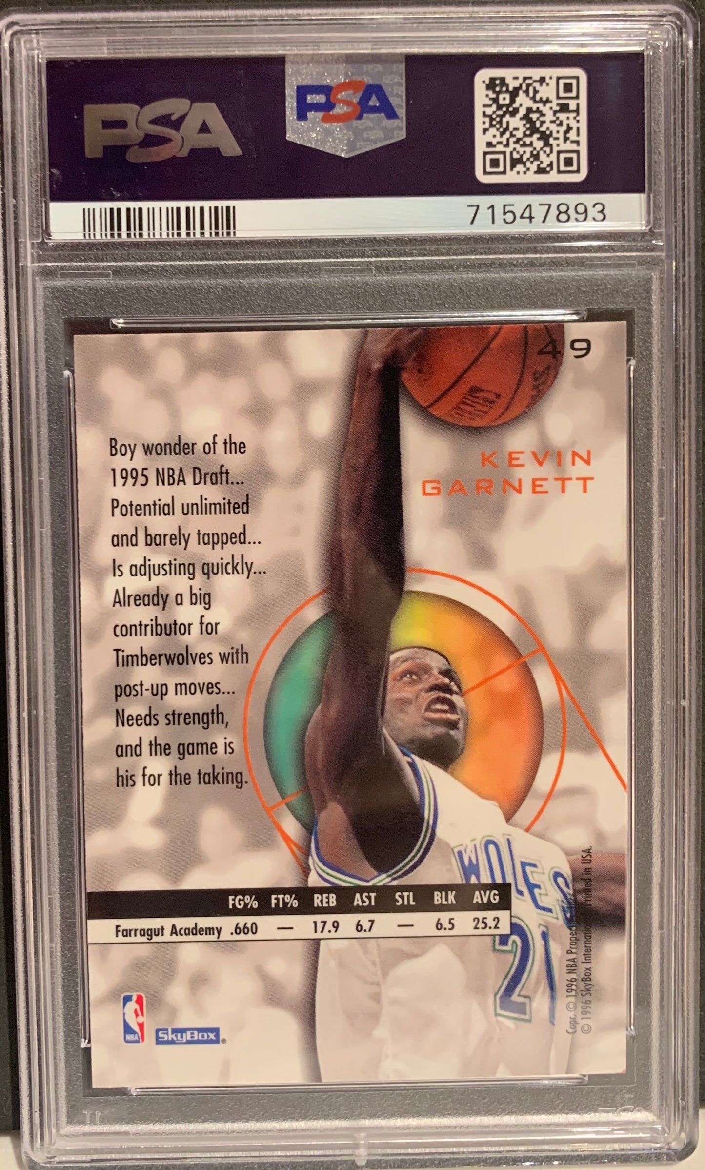 1995 SKYBOX E-XL KEVIN GARNETT #49 PSA 9 MINT