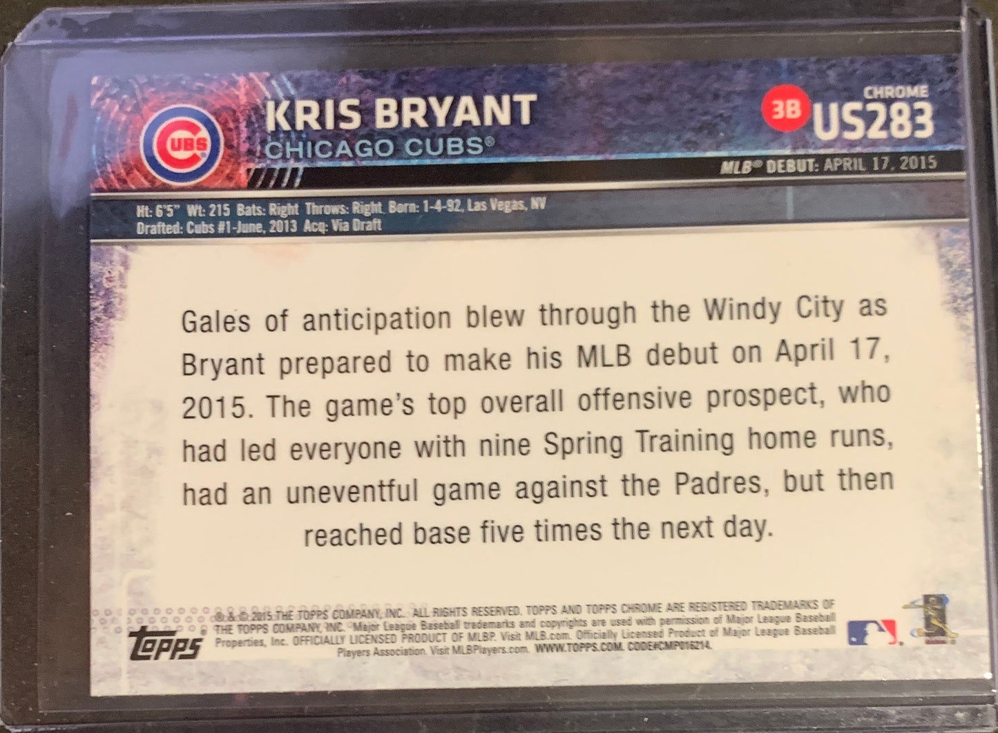 2015 TOPPS CHROME KRIS BRYANT #US283