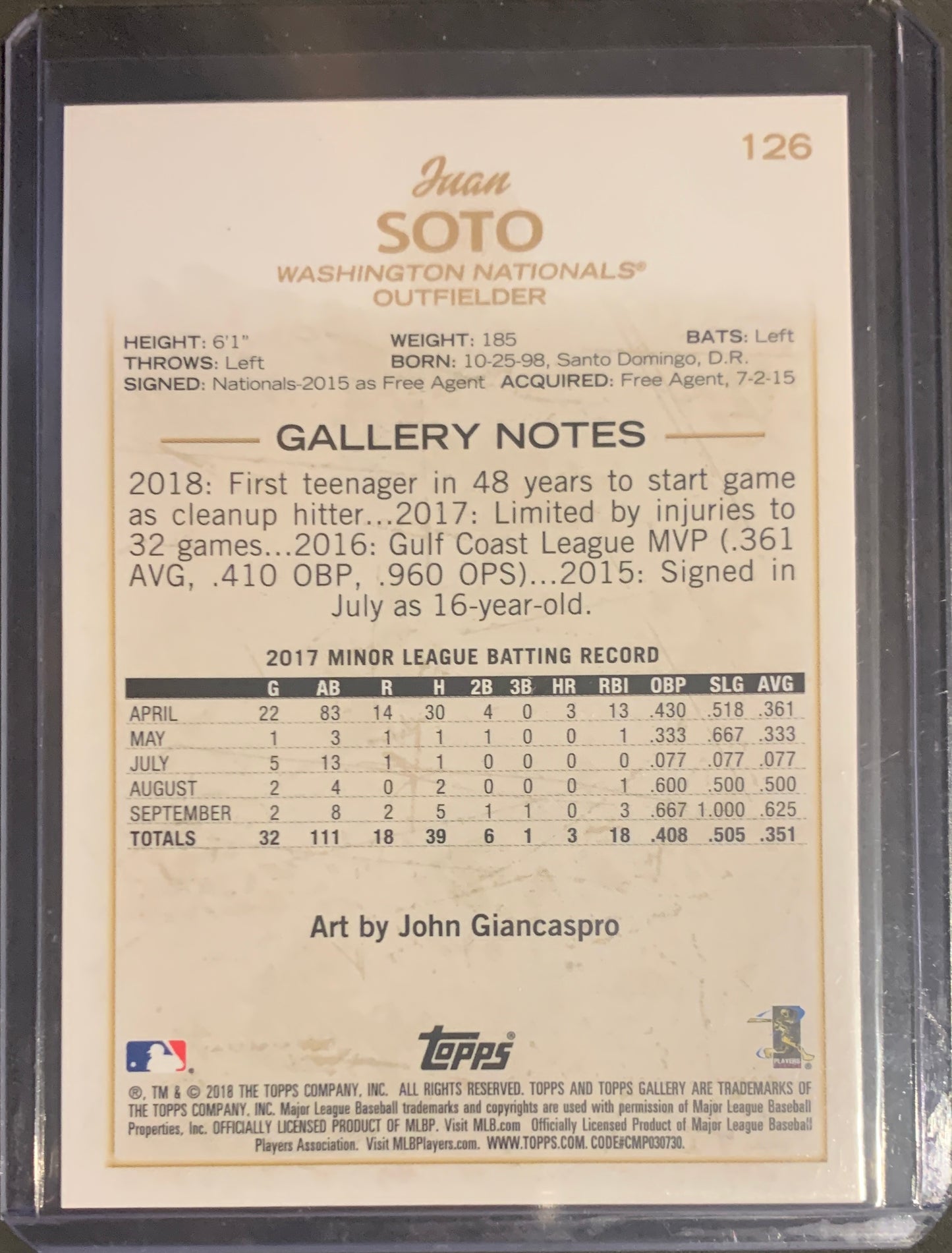 2018 TOPPS GALLERY JUAN SOTO #126