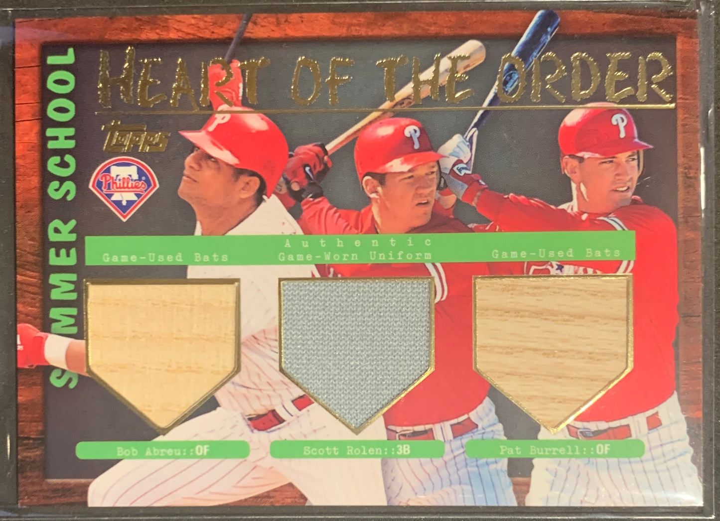 2001 TOPPS HEART OF THE ORDER SUMMER SCHOOL BOB ABREU SCOTT ROLEN PAT BURRELL AUTHENTIC GAME USED BATS GAME WORN UNIFORM