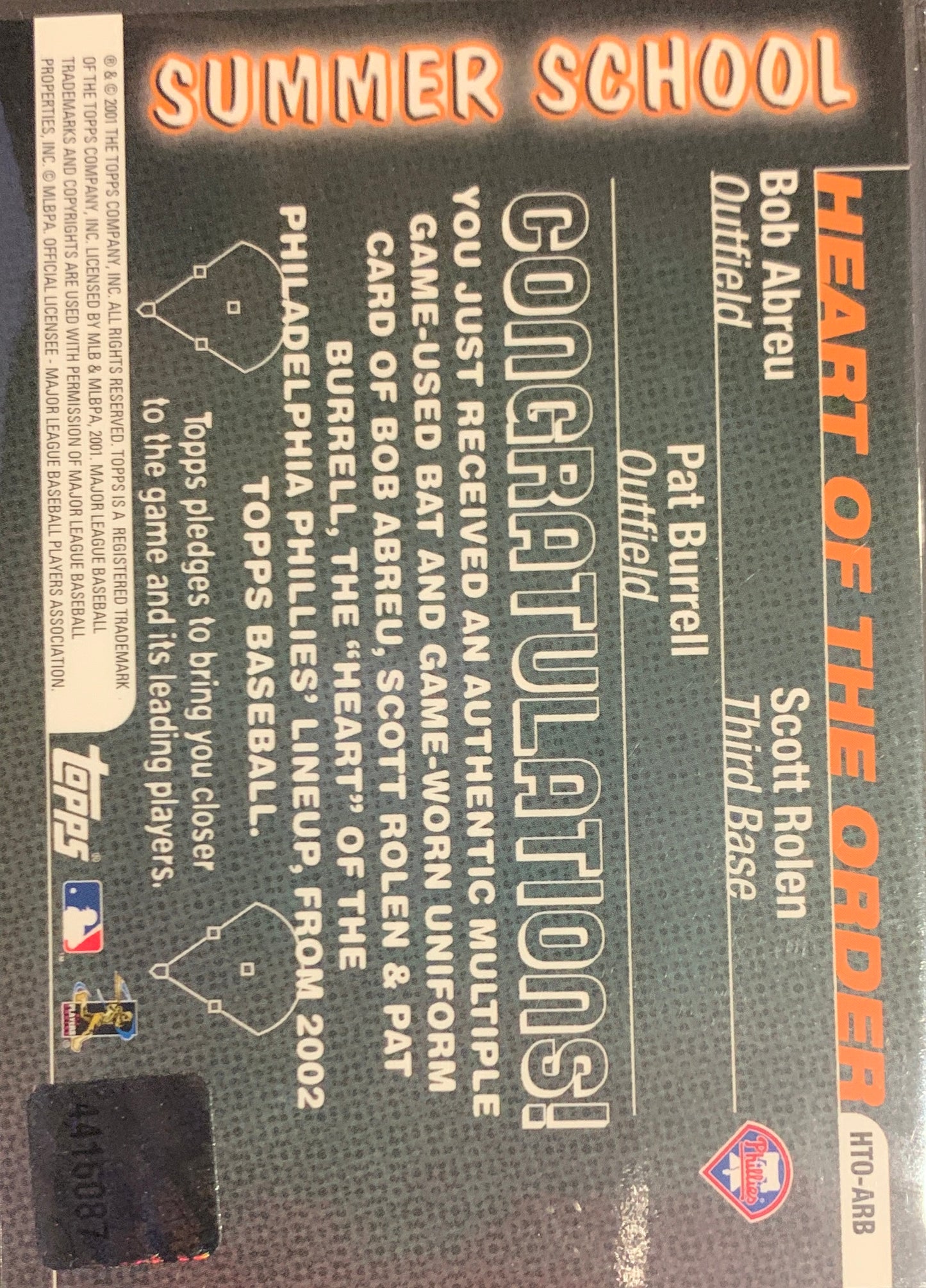 2001 TOPPS HEART OF THE ORDER SUMMER SCHOOL BOB ABREU SCOTT ROLEN PAT BURRELL AUTHENTIC GAME USED BATS GAME WORN UNIFORM