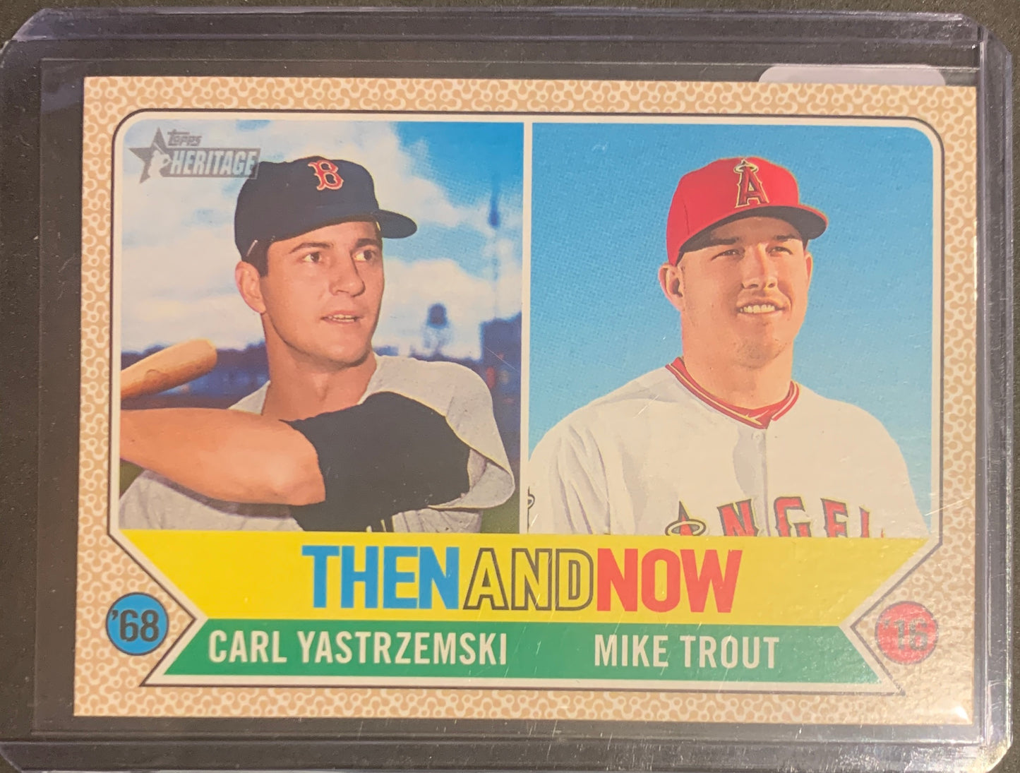 2017 TOPPS HERITAGE THEN AND NOW '68 CARL YASTRZEMSKI '16 MIKE TROUT TAN5