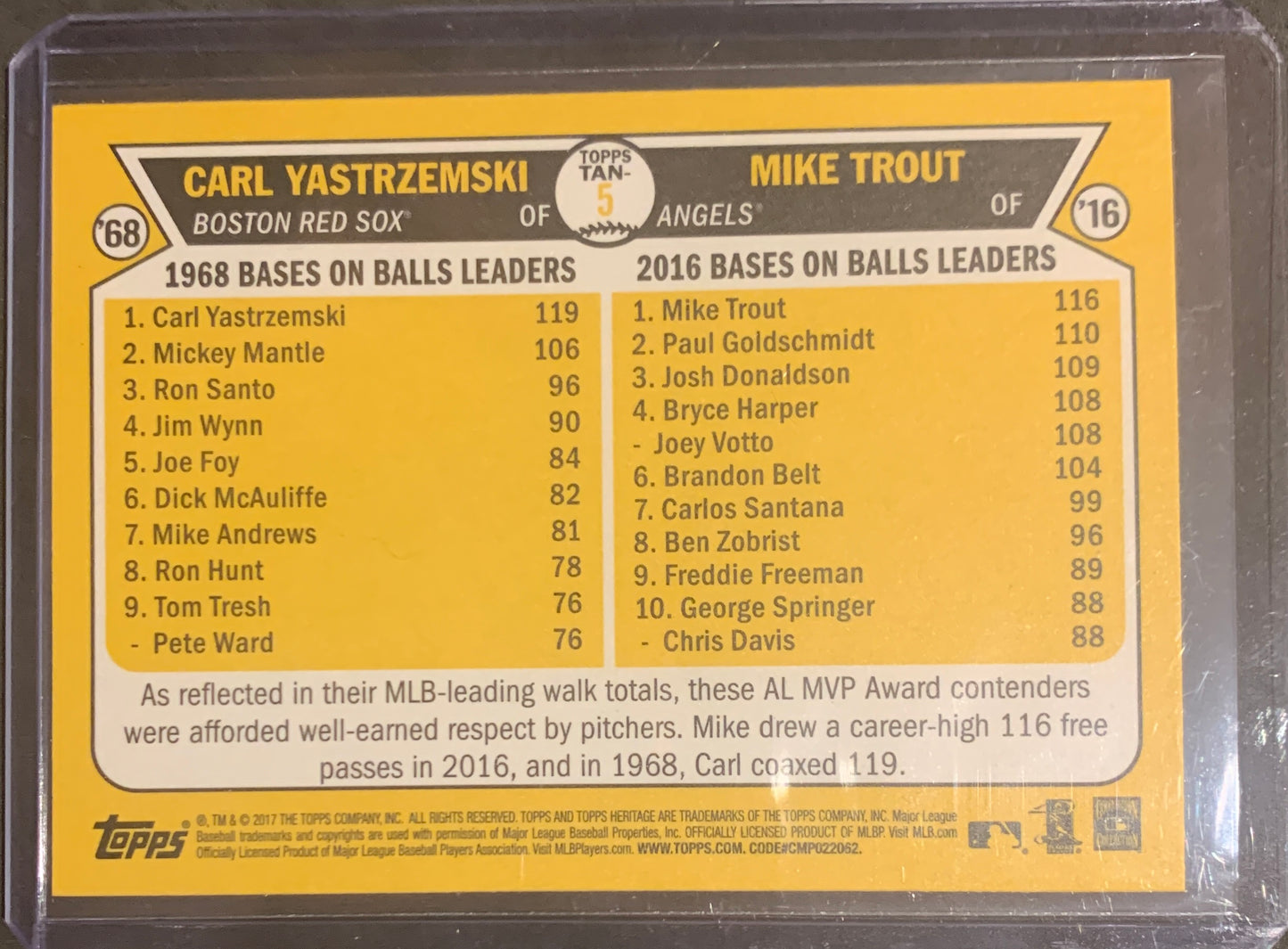 2017 TOPPS HERITAGE THEN AND NOW '68 CARL YASTRZEMSKI '16 MIKE TROUT TAN5