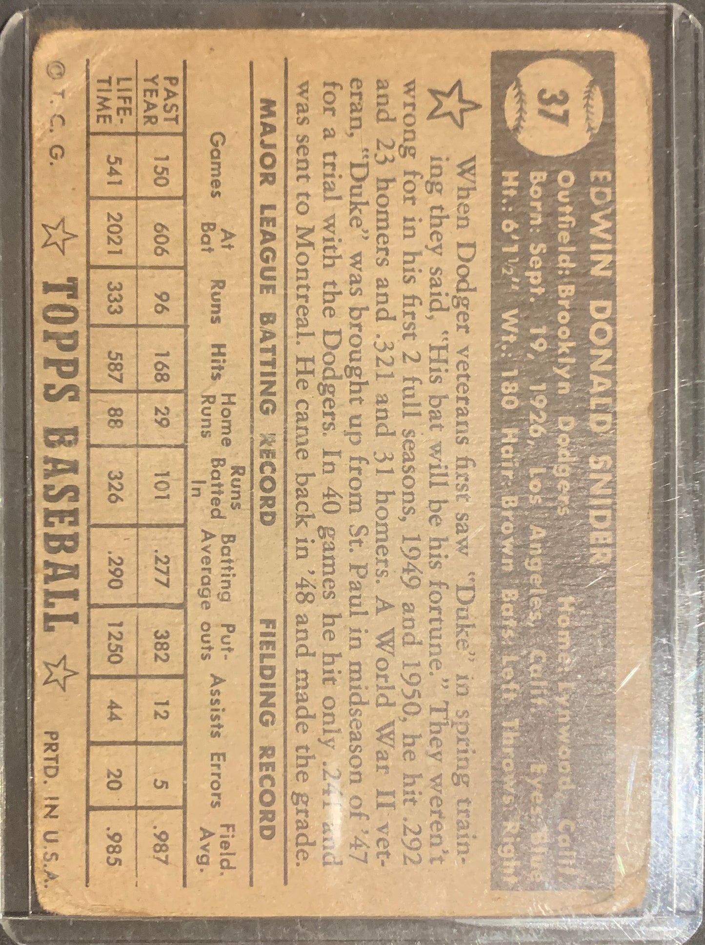 1952 TOPPS EDWIN "DUKE" SNIDER