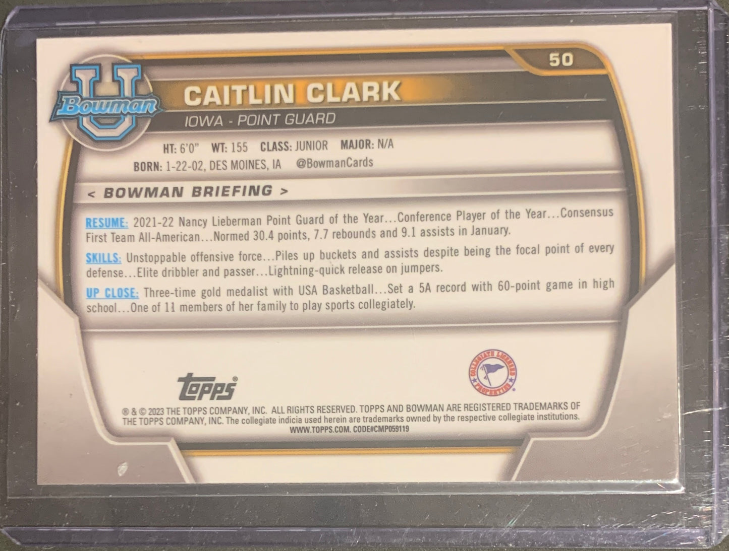 2023 TOPPS 1ST BOWMAN CAITLIN CLARK IOWA #50