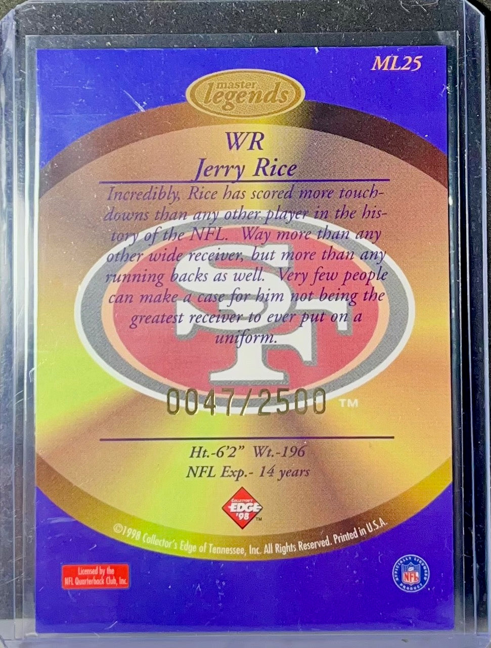 1998 COLLECTORS EDGE JERRY RICE MASTER LEGENDS ML25