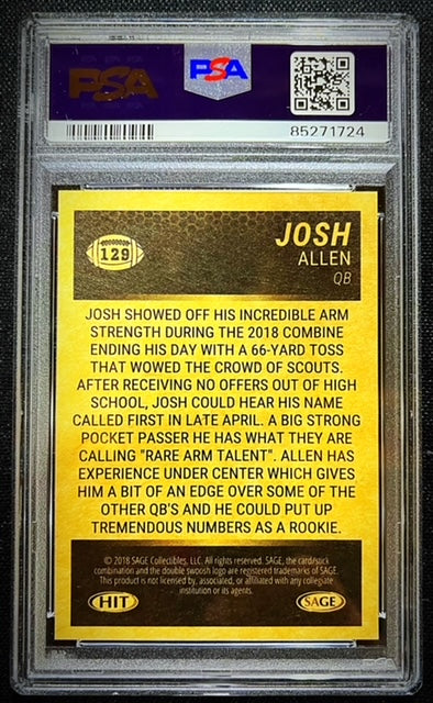 2018 SAGE COLLECTIBLES HIT JOSH ALLEN #129 PSA MINT 9