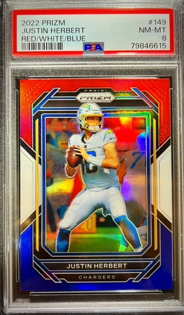 2022 PRIZM JUSTIN HERBERT RED/WHITE/BLUE #149 PSA 8 NEAR MINT/MINT