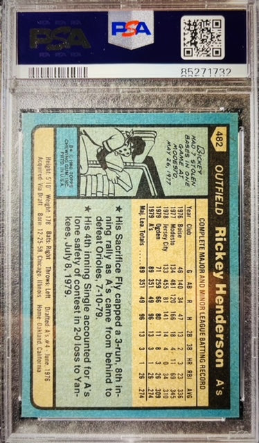 1980 TOPPS RICKEY HENDERSON #482 PSA 8 NEAR MINT/MINT