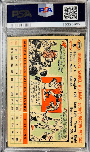 1956 TOPPS TED WILLIAMS WHITE BACK #5 PSA 3 VG