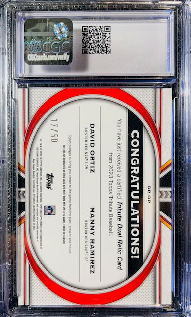 2023 TOPPS TRIBUTE DUAL RELICS DAVID ORTIZ MANNY RAMIREZ PURPLE #DR-OR CGC 8.5 NEAR MINT/MINT+