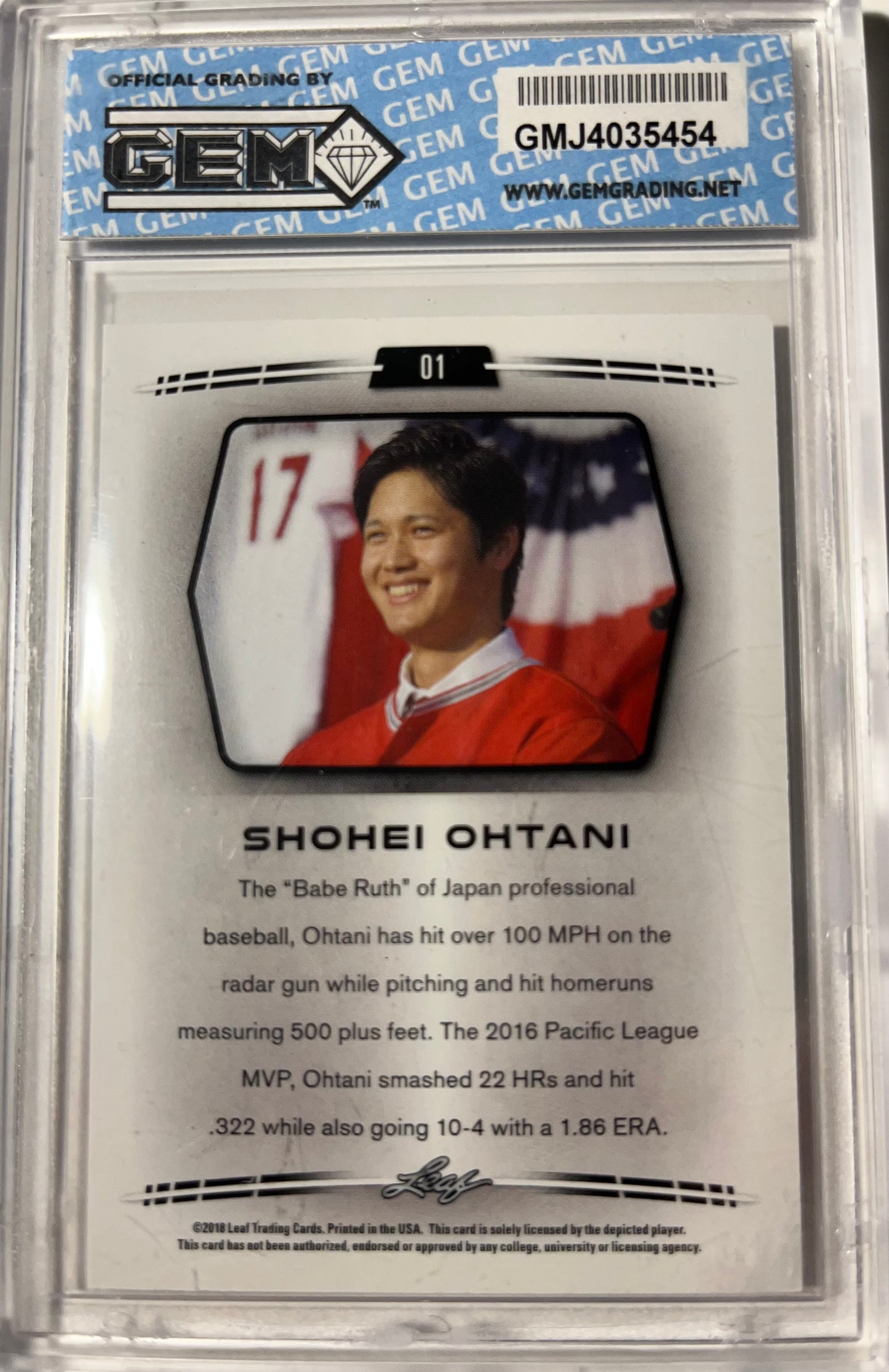 2018 LEAF SHOHEI OHTANI ROOKIE #01 GEM GRADING 10 GEM MINT