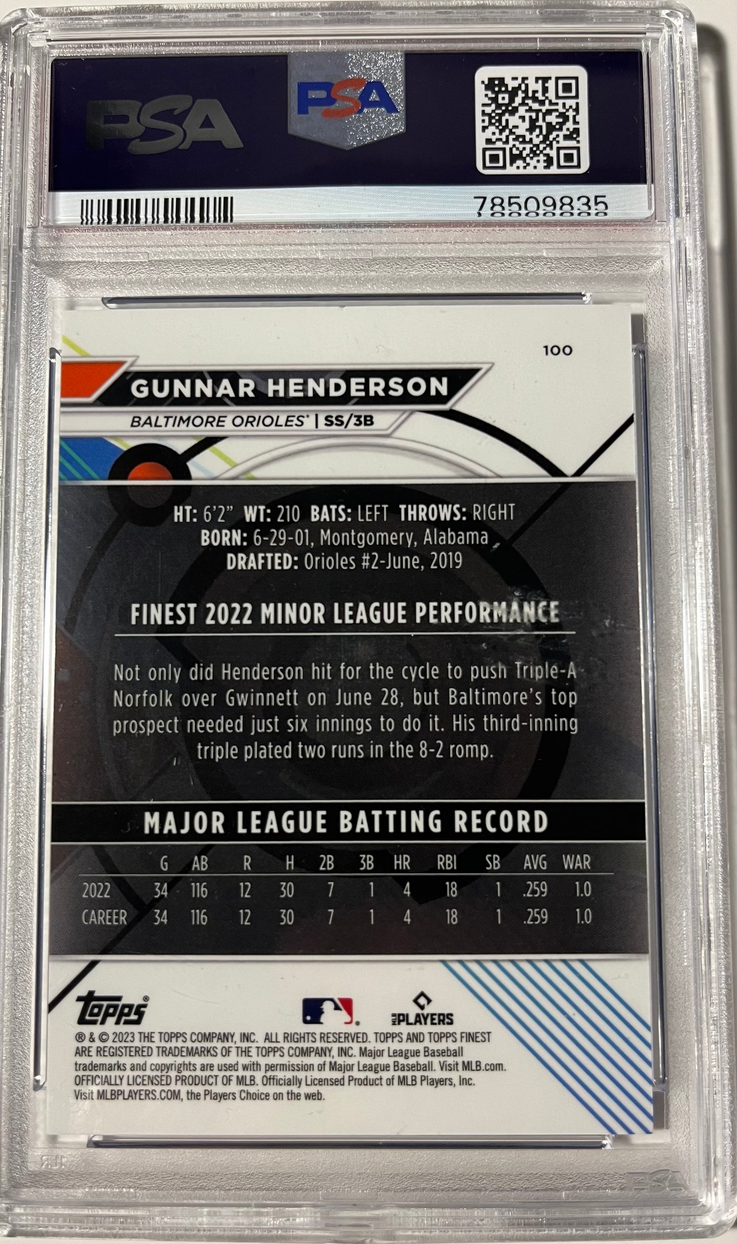 2023 FINEST GUNNAR HENDERSON BLUE #100 PSA MINT 9